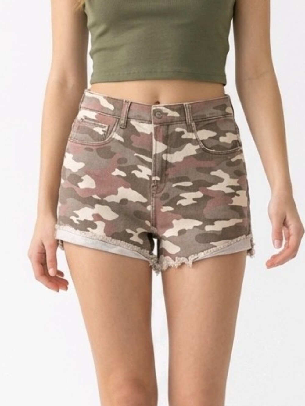 Kensie Jeans Vintage Luxe Camo High Rise Cuffed Denim Shorts 8/29
